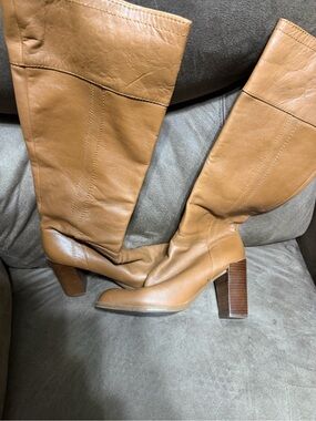 Women's Nine West Tall Leather Block-Heel Boots in Tan